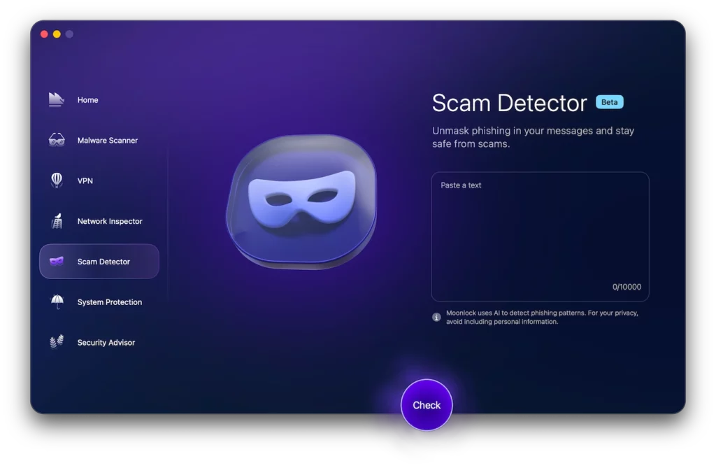 Screenshot of Moonlock, Moonlock Scam Detector