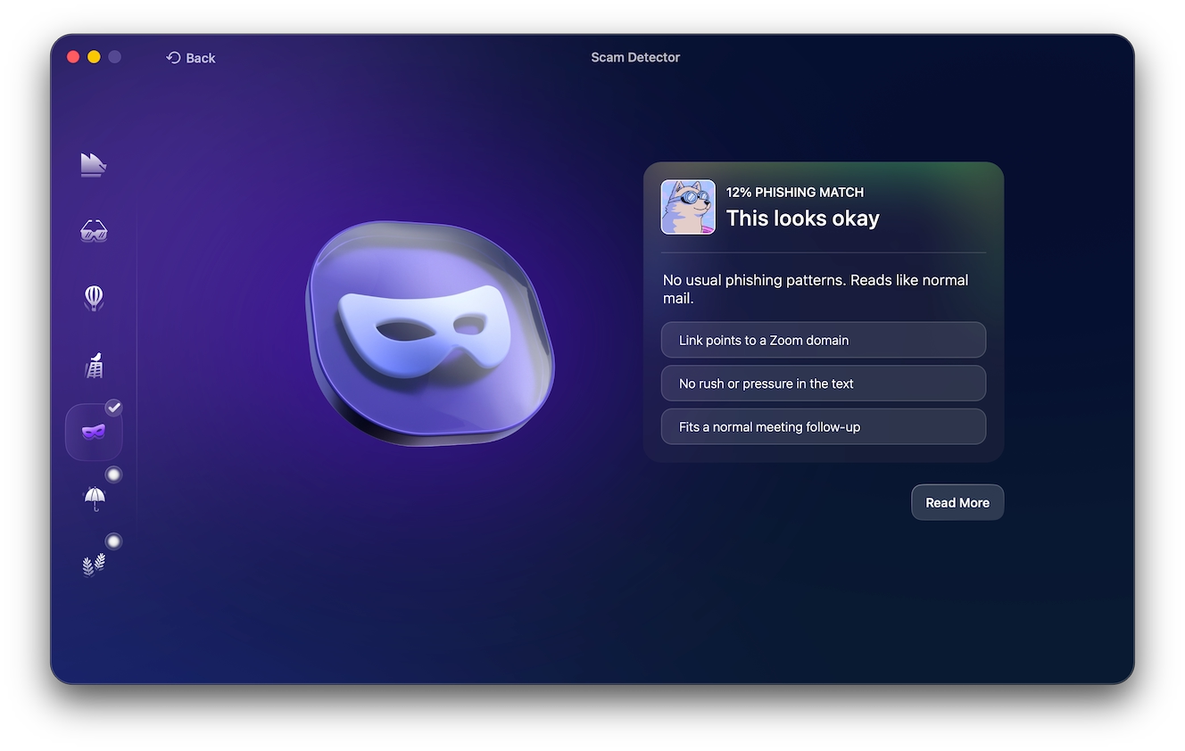 Screenshot of Moonlock, Moonlock Scam Detector looks okay
