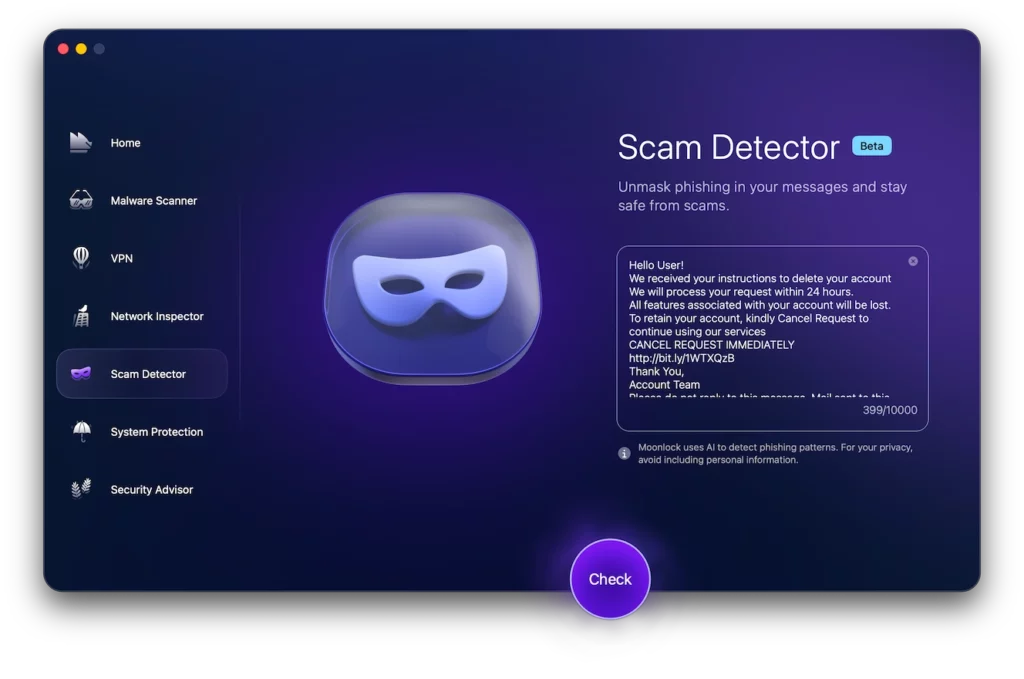 Screenshot of Moonlock, Moonlock Scam Detector message