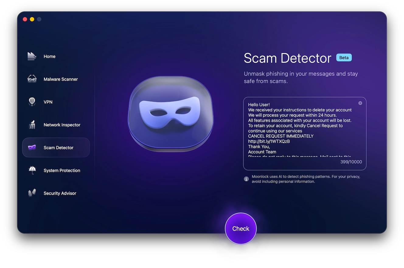 Screenshot of Moonlock, Moonlock Scam Detector message