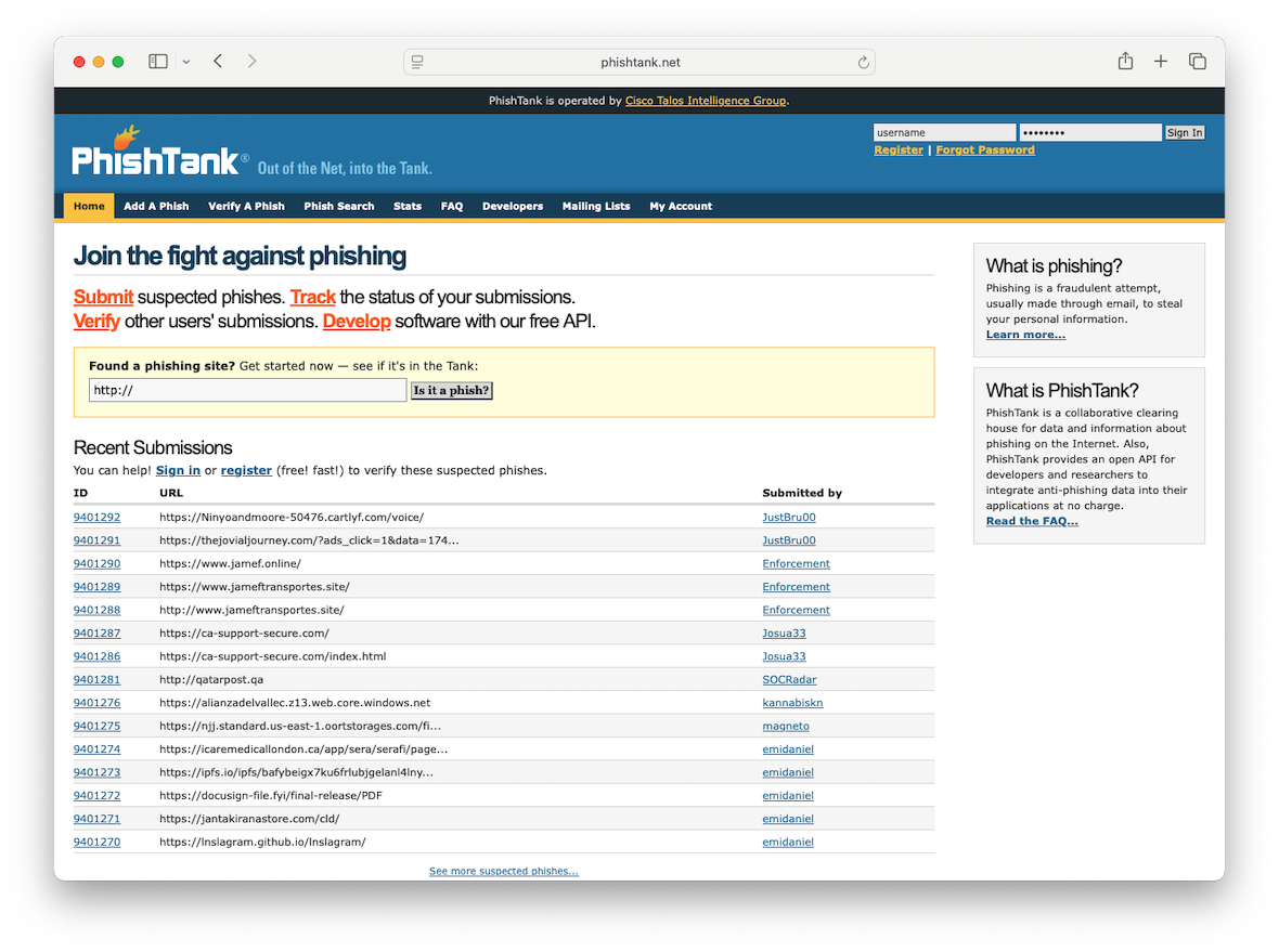 PhishTank website screenshot