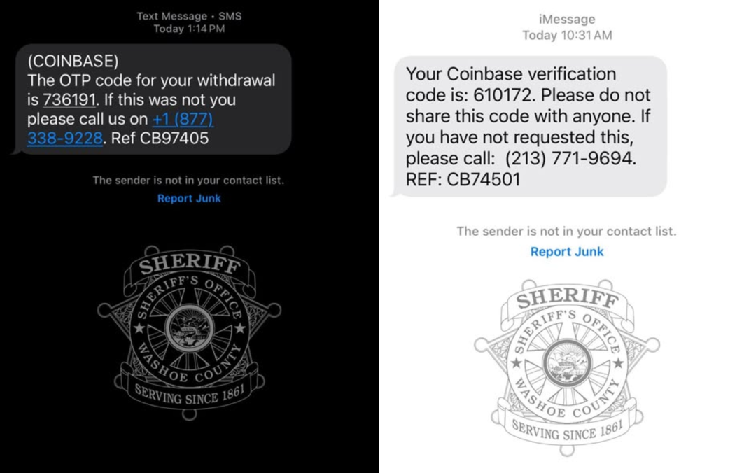 U.S. Washoe County Sheriff's Office screenshot show what a Coinbase 'Withdrawal text scam' looks like.