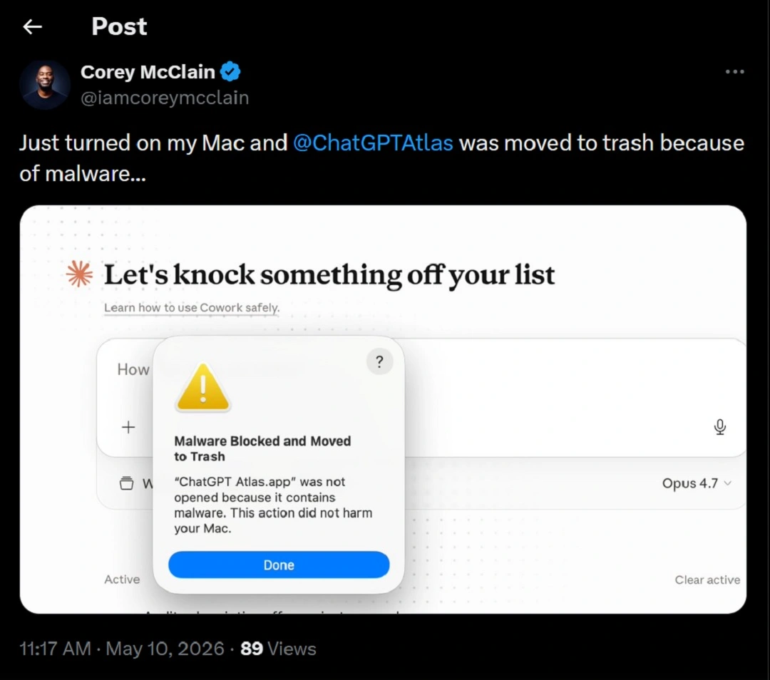 A user on X showing another ChatGPT "Blocked and Moved to Trash" security warning on his Mac.