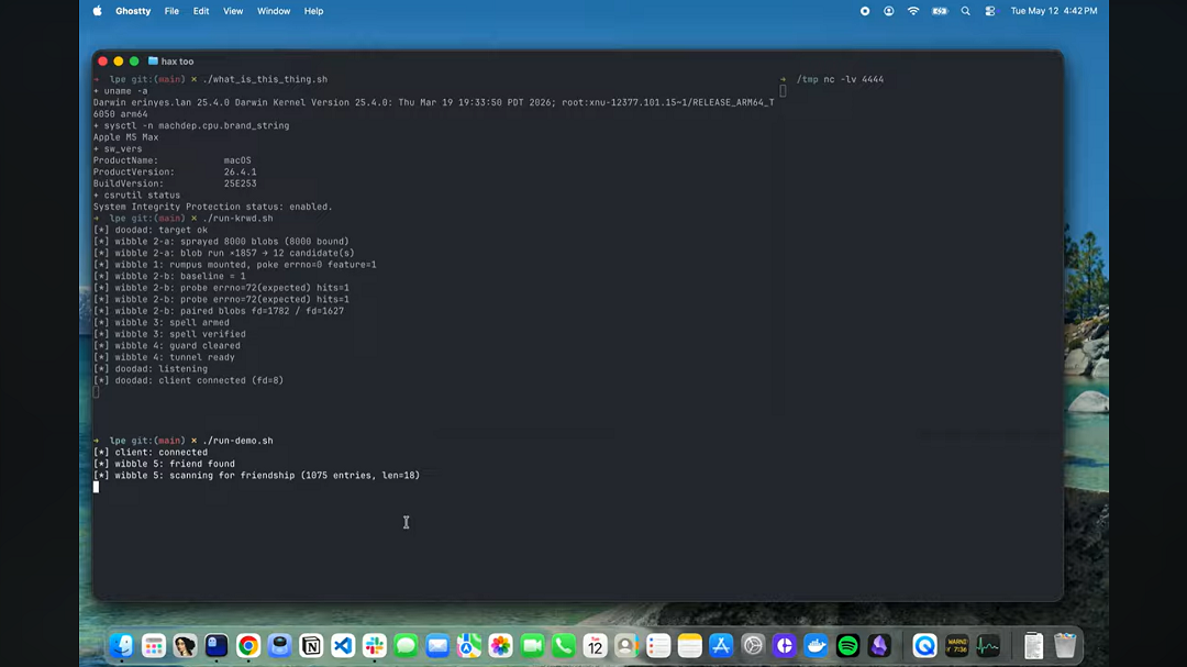 Screenshot of the video shared by Calif hackers as they probe and hack their way into the M15 macOS chip.
