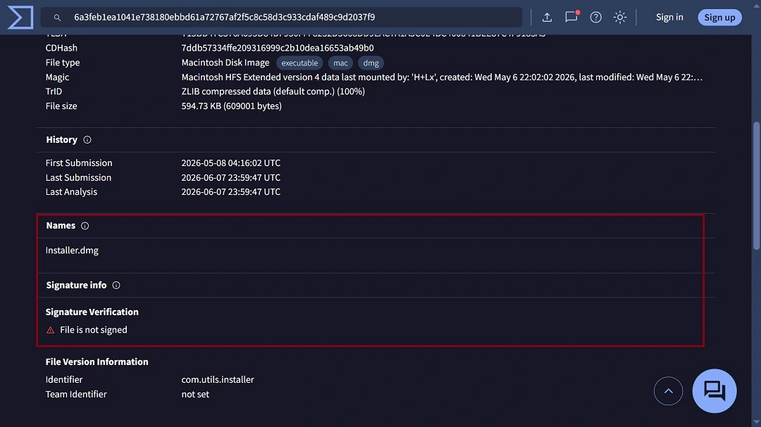 A screenshot from VirusTotal showing a recently reported AMOS threat.