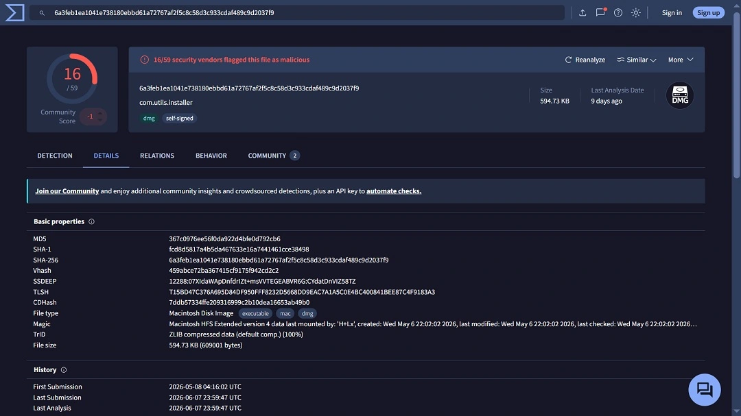 A screenshot showing data on a recent AMOS threat campaign, distributed as an .dmg file.