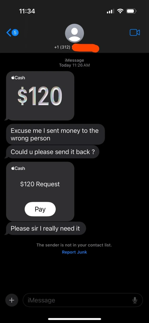 Screenshot of an Apple Cash "accidental payment" scam.