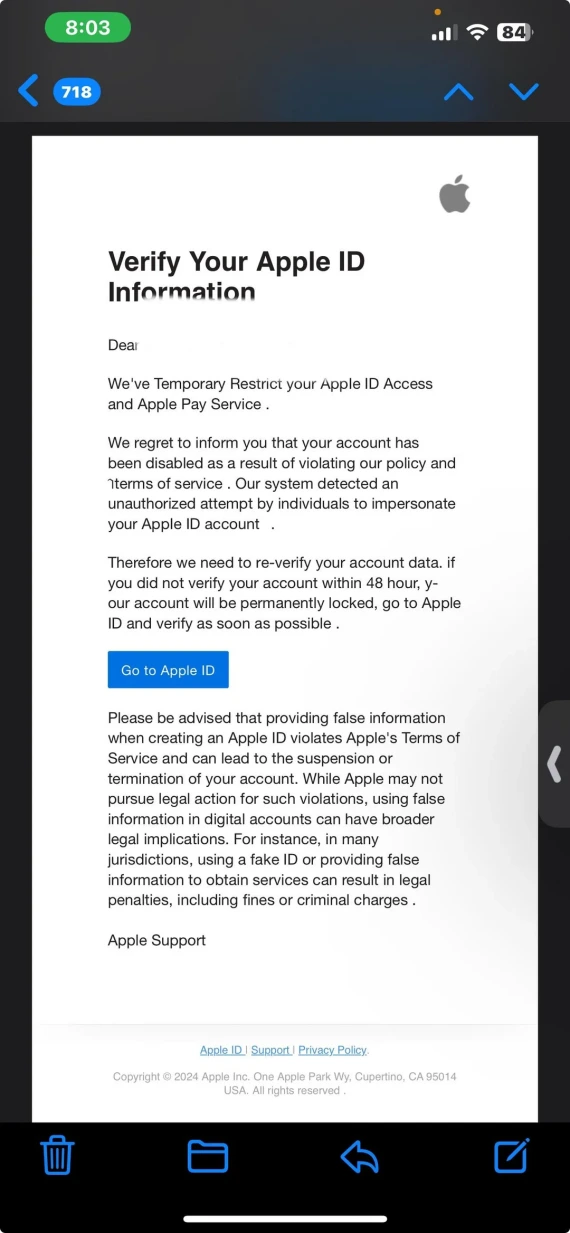 Screenshot of a fake Apple Support/Apple ID scam example.