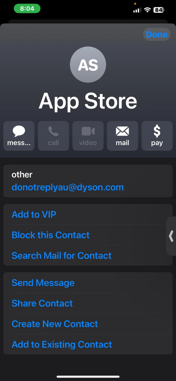 Screenshot of a fake App Store contact, which claimed to be Apple Support.