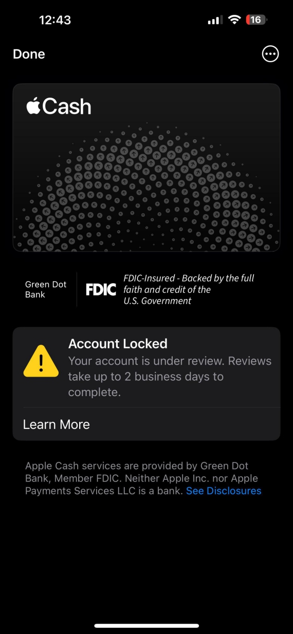 Screenshot of an Apple Cash account locked.