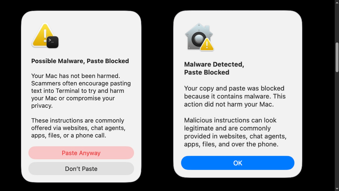 A pair of screenshots showing examples of the ClickFix Terminal warngins on macOS.