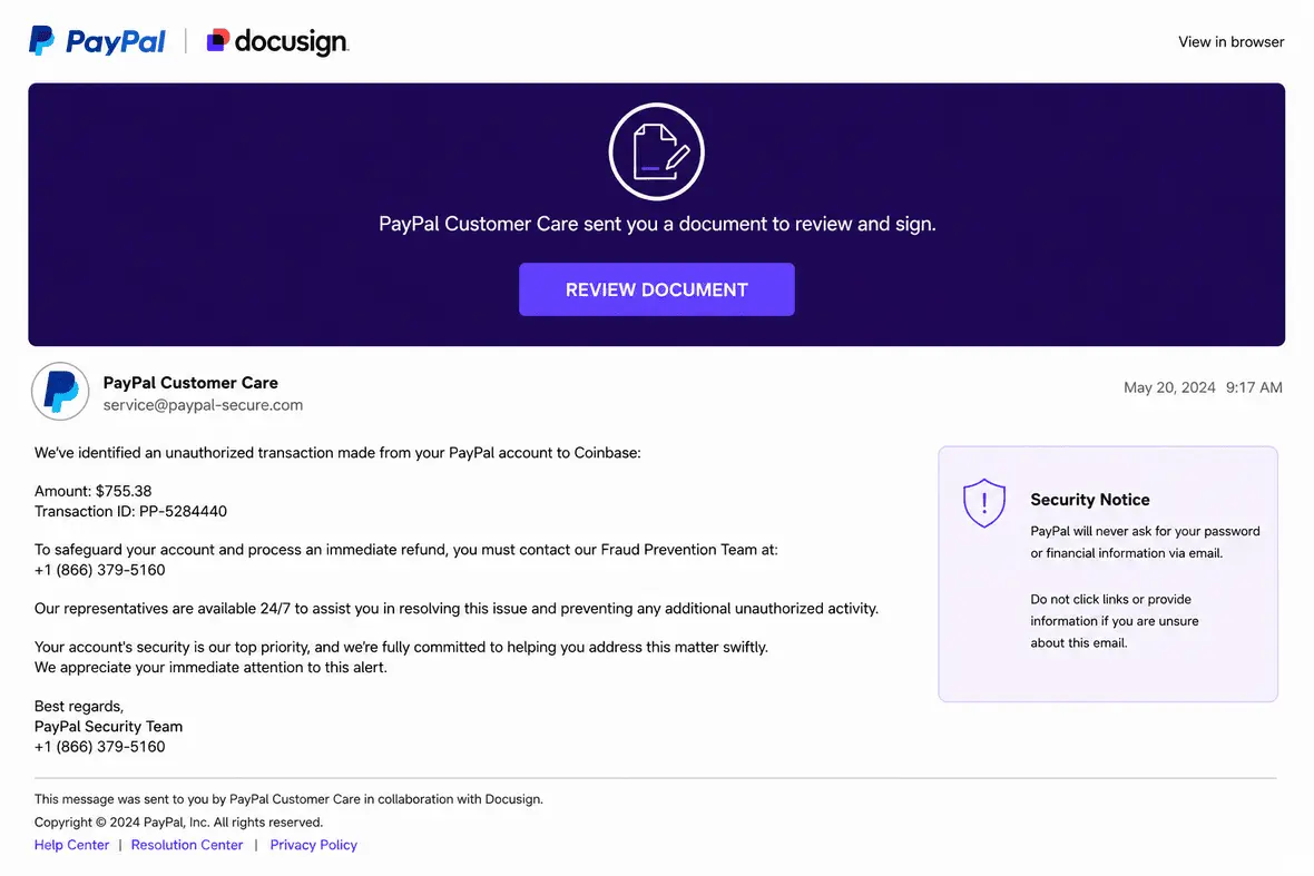 Screenshot of a Docusign/PayPal scam.