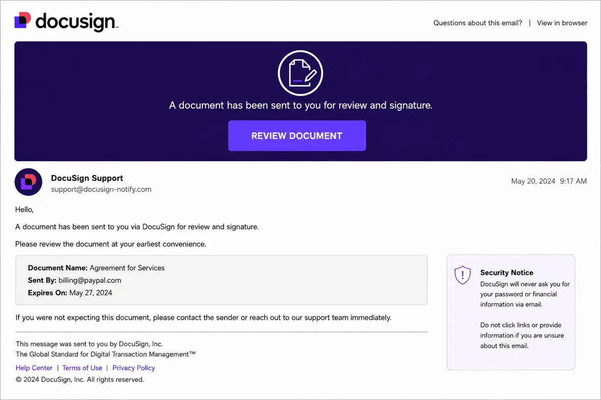 Screenshot of a Docusign scam email.