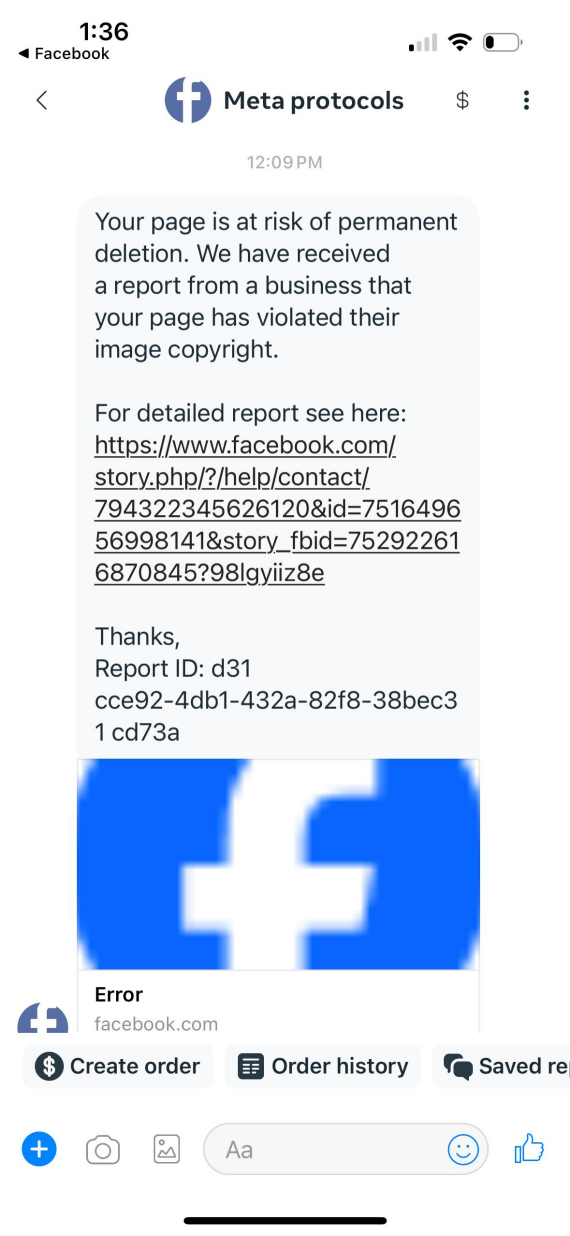 Facebook Support scam message.