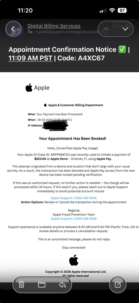 Email from a fake Apple Support agent.