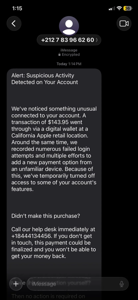 Text from a fake Apple Support Agent