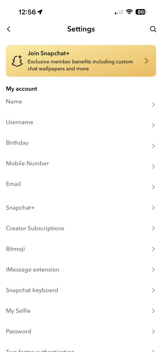 A screenshot of Snapchat settings.