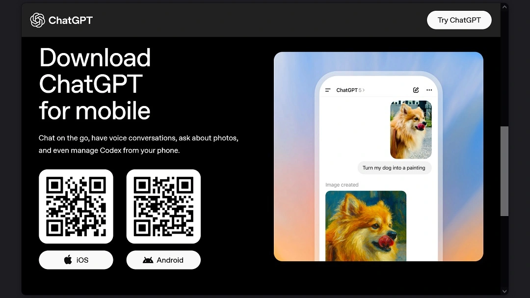 The QR codes in the fake ChatGPT page led to the official ChatGPT download on Apple App Store and Google Play Store.
