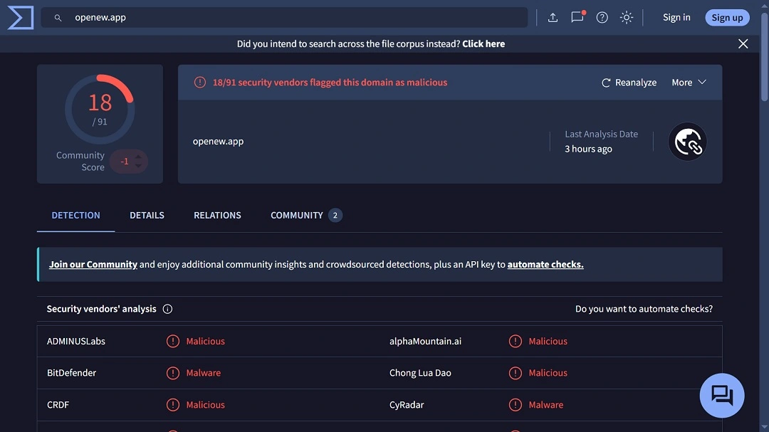 Virus Total shows that to date 18 of 91 vendors flag this fake ChatGPT site.
