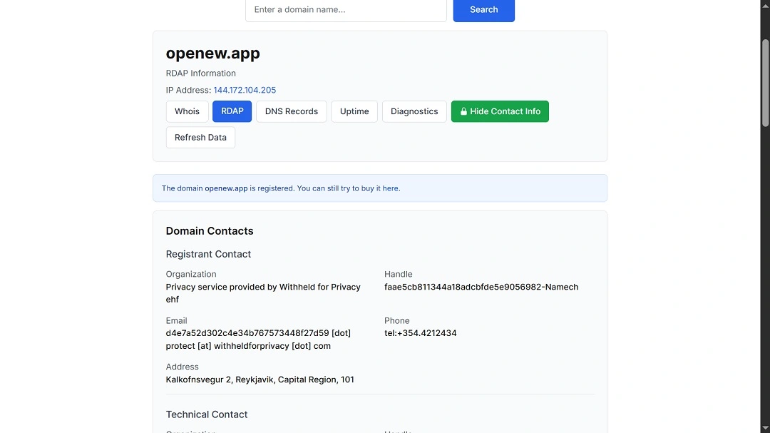 WHOIS data on the registration of openew[.]app the site distributing Mac and Windows malware.