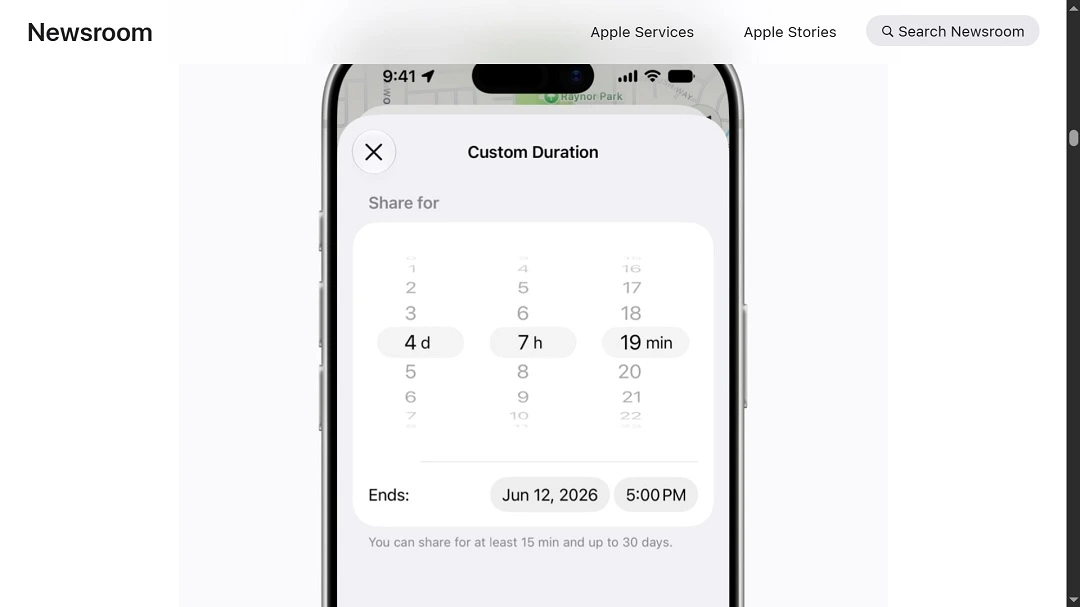 A screenshot showing the Custom Duration setting in the new Maps location-sharing feature.