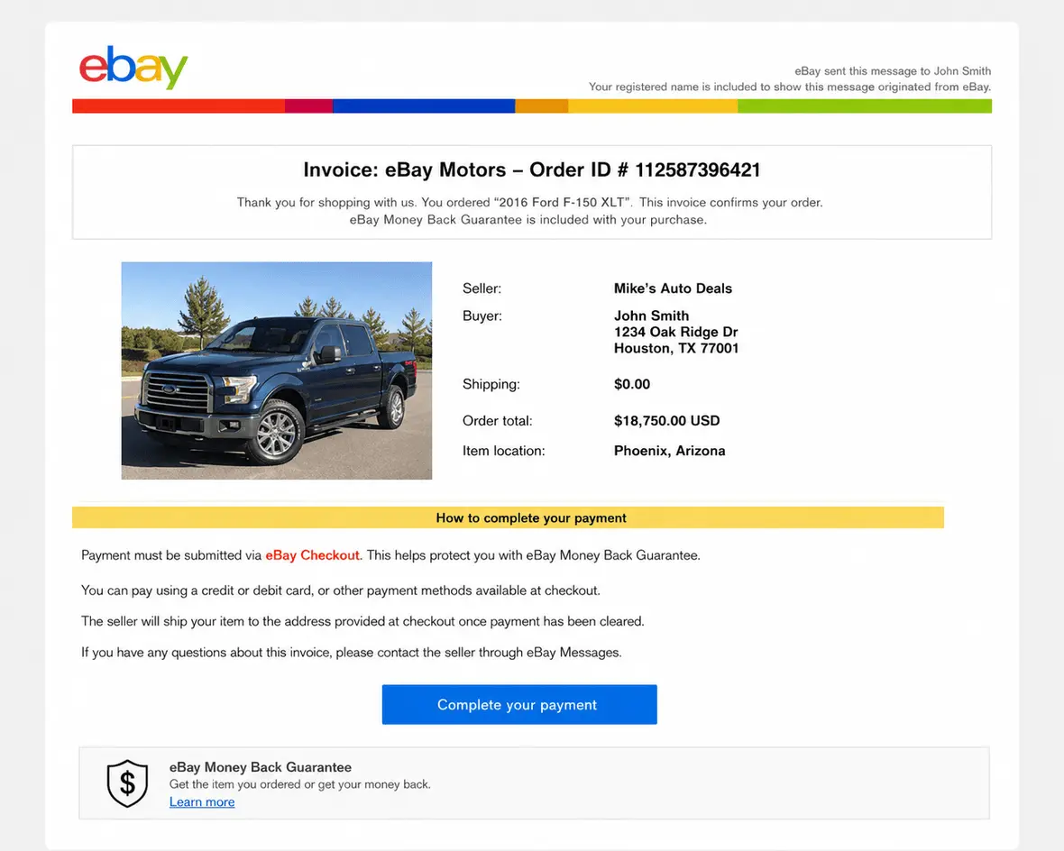 A screenshot of a scam email related to eBay Motors.
