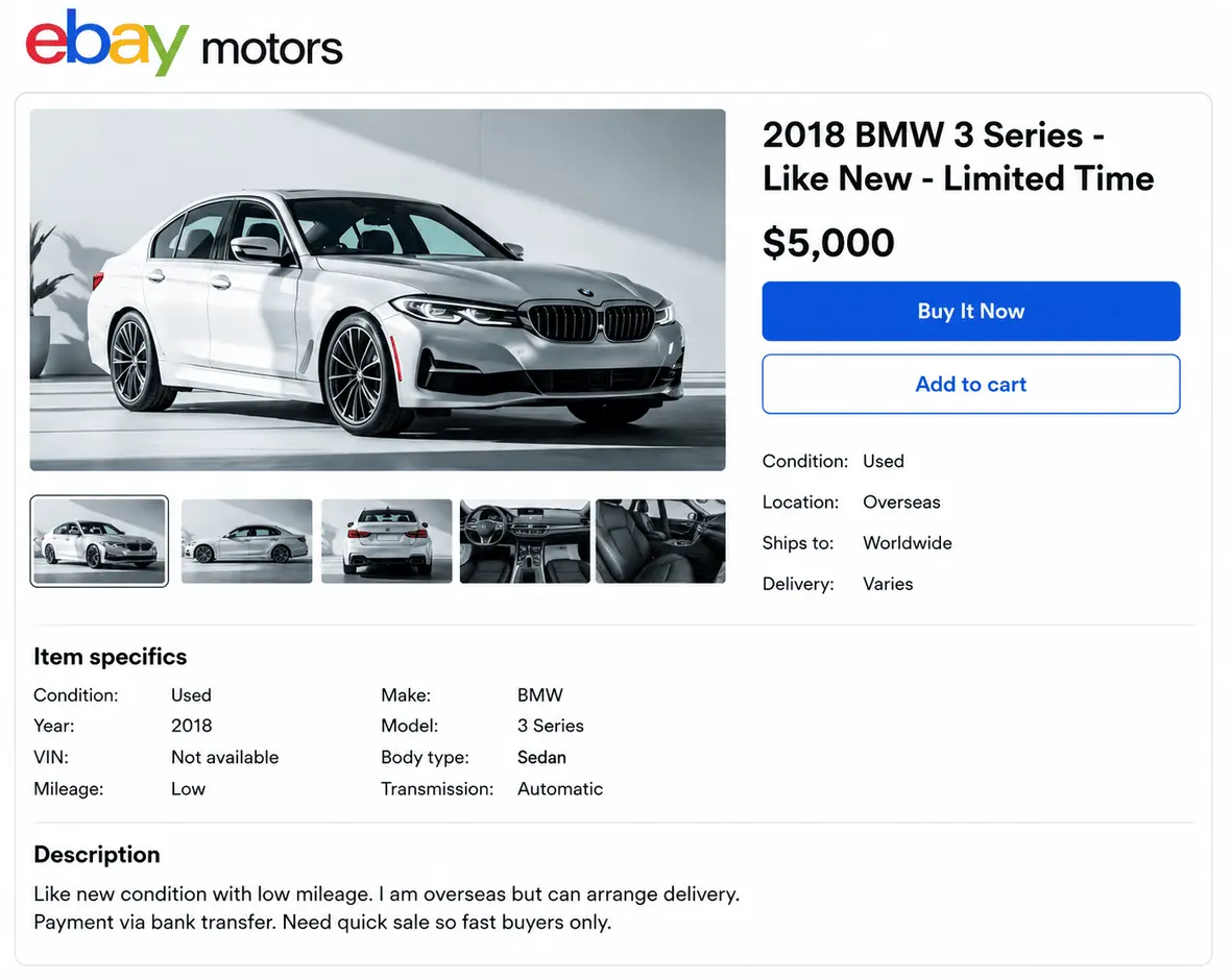 Screenshot of a fake eBay listing that describes a car priced way below market value.
