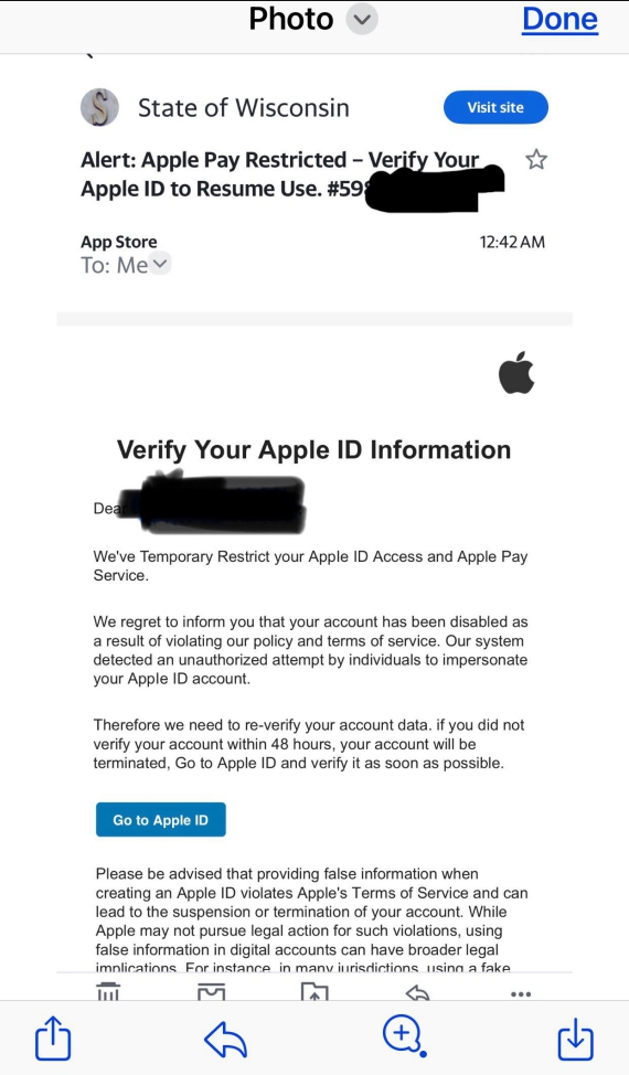 Screenshot of a fake apple support email.