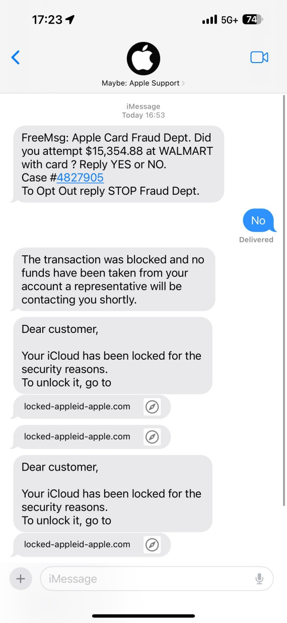 Screenshot of a fake Apple Support message.