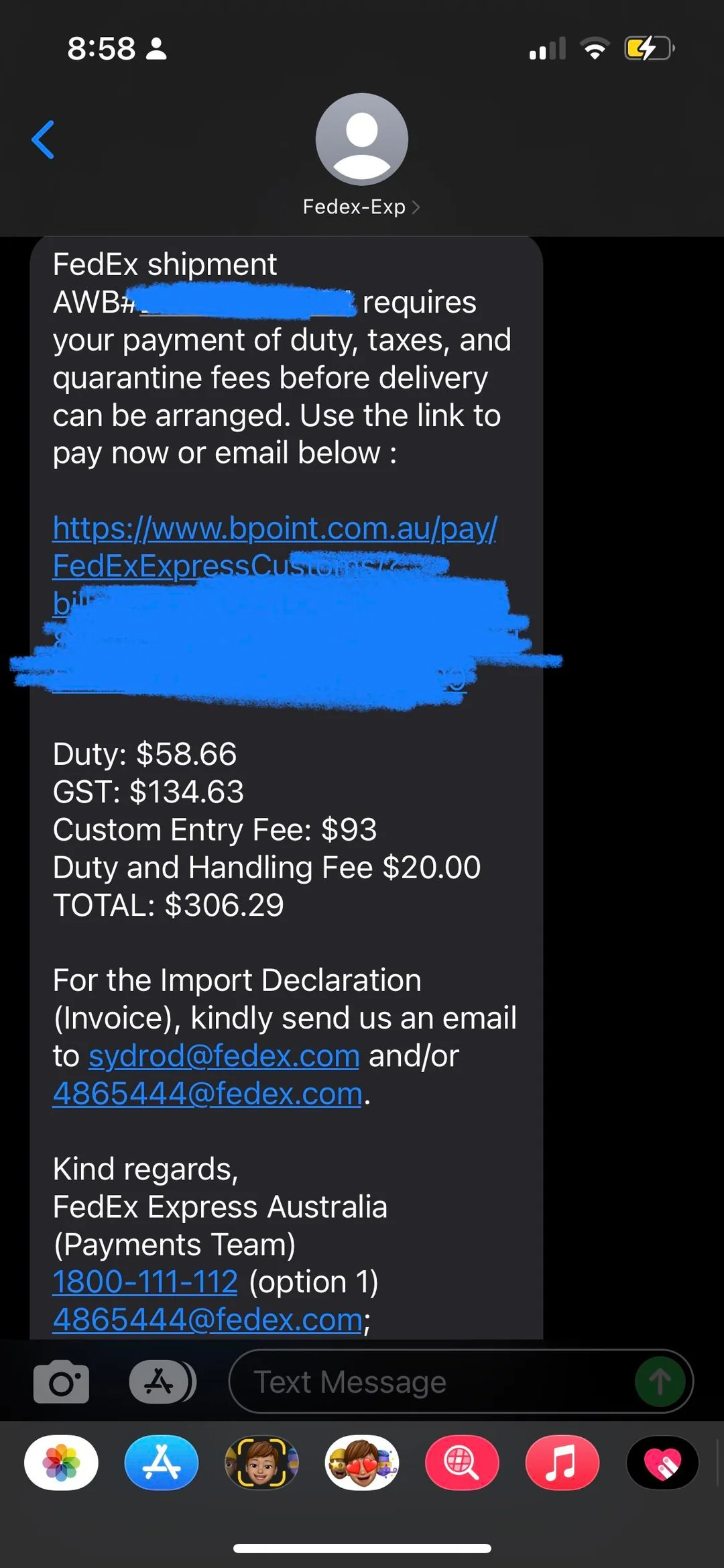 A screenshot of a FedEx import duty scam message.