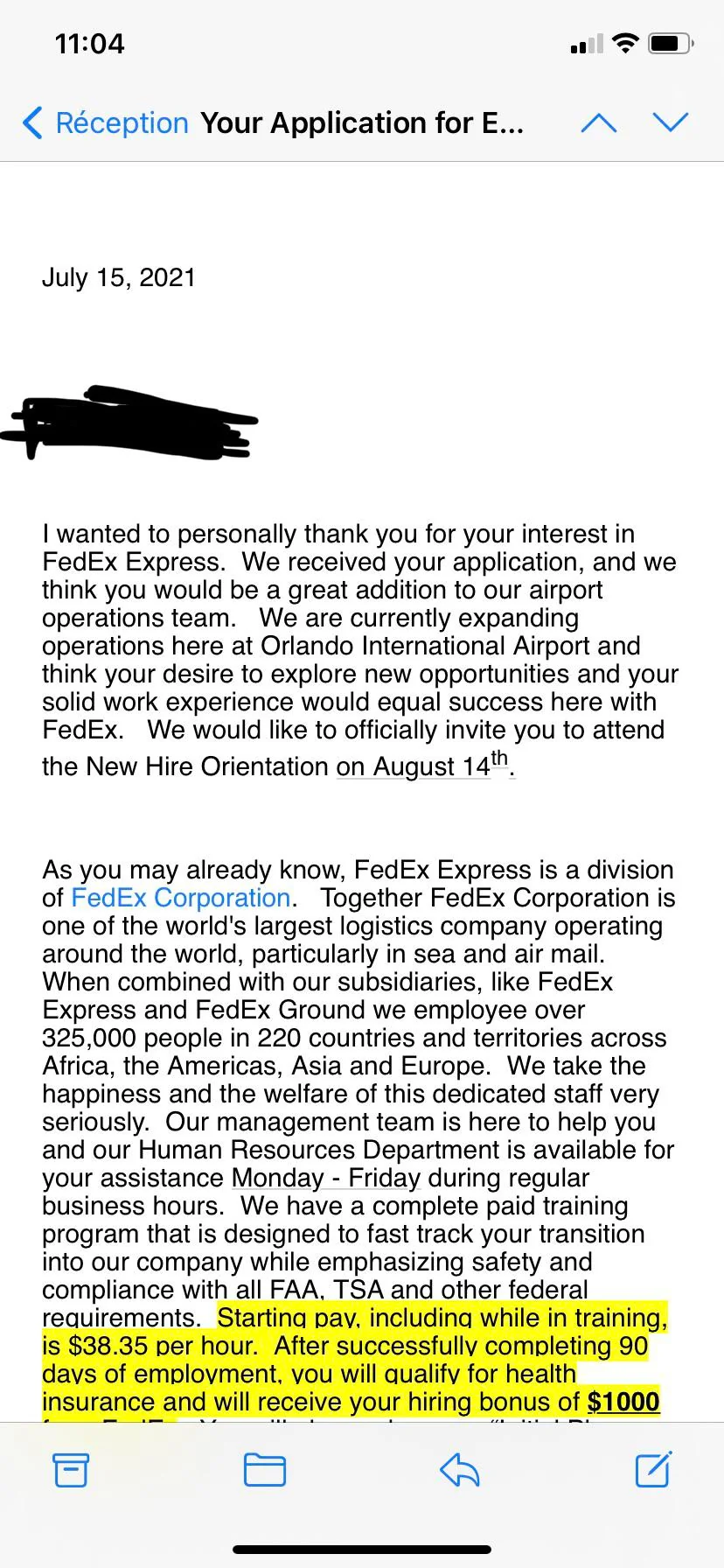 A screenshow showing a fke FedEx job scam.