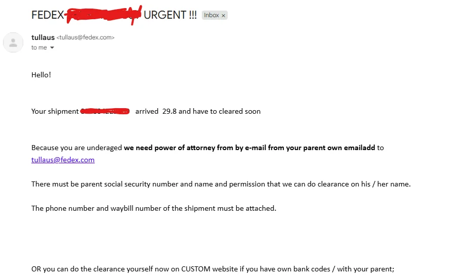A screenshot showing an example of a FedEx scam email.