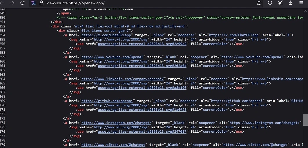 HTML code shows that the fake ChatGPT site at openew[.]app used legitimate ChatGPT links to create a false sense of trust.