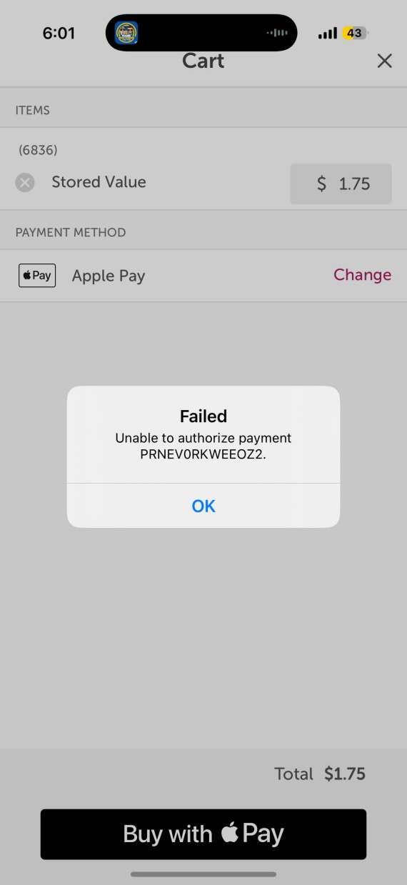 "Failed" Apple Pay payment.