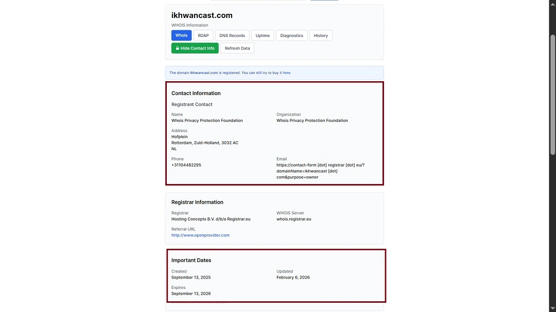 WHO IS data shows that all three malicious Pegasus domains list the same redacted registrant information and identical creation dates set for for all three domains to September 15, 2025. Was the spyware operation live since then?