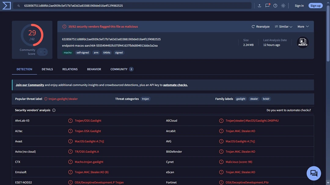 A screenshot of a Gaslight sample shown on VirusTotal.
