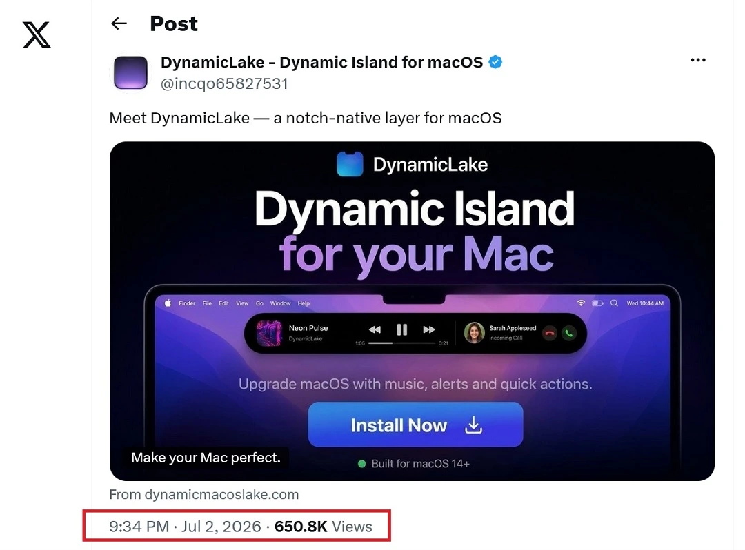 A screenshot of the ad for a fake Dynamic Island app with 650K views.