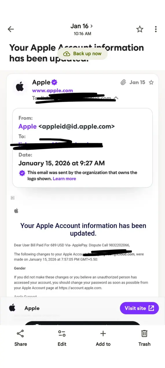 Screenshot of an "account information updated" phishing email.