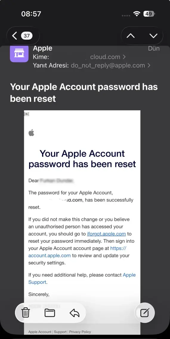 Screenshot of a password changed phishing email scam. Apple ID scam trying to steal Apple account info.