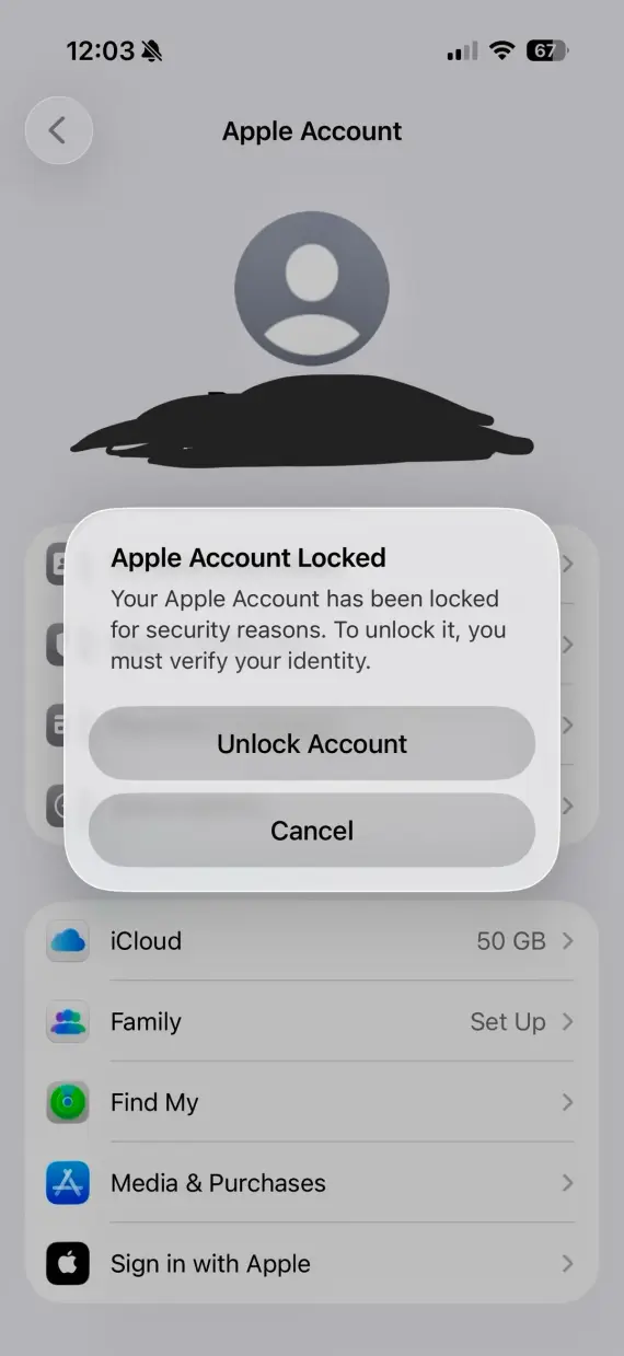 Screenshot of a fake "Apple Account locked" notification.