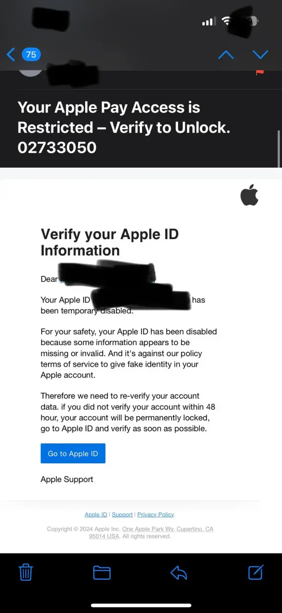A screenshot showing an Apple ID scam using a phishing email.