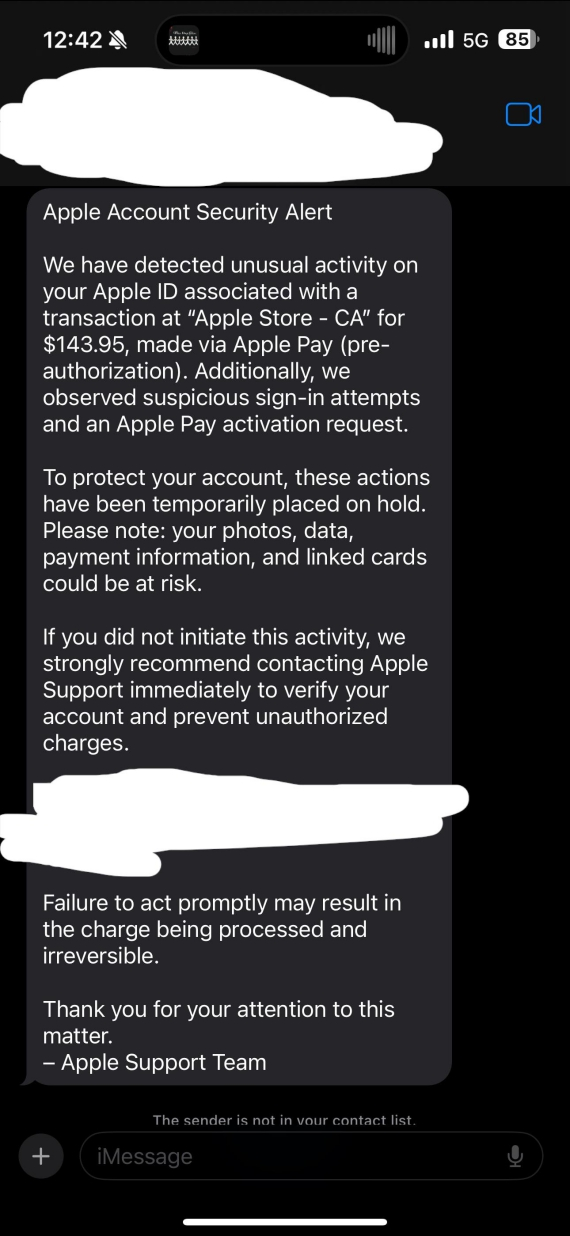 A screenshot of an Apple Pay smishing message claiming to be an "Apple Account Security Alert."