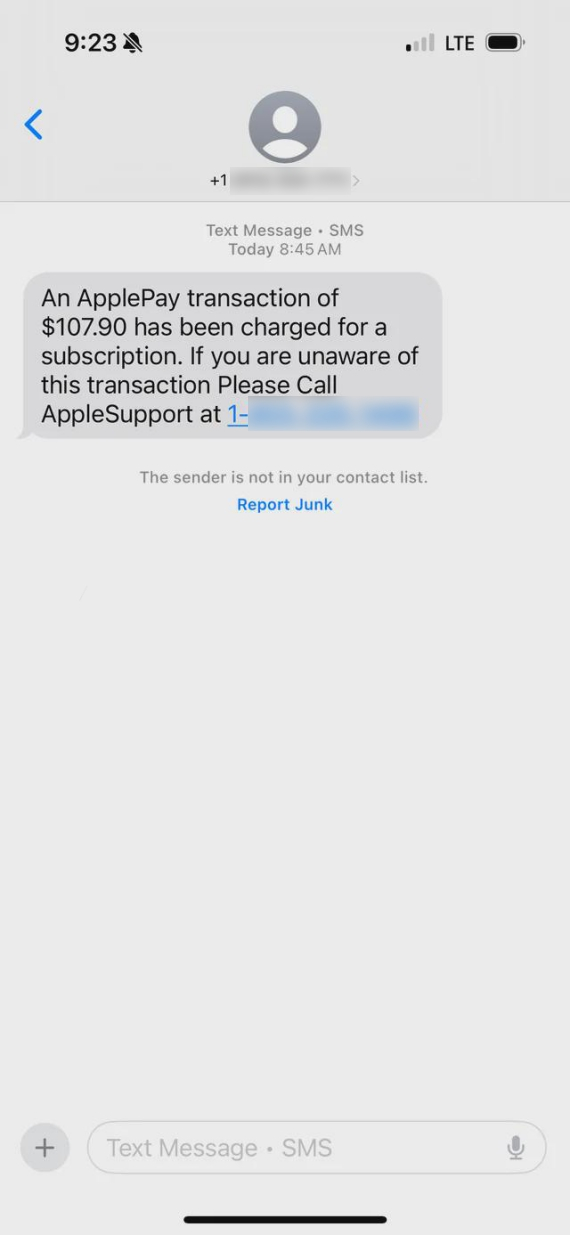 A screenshot of a text message associated with Apple Pay smishing.