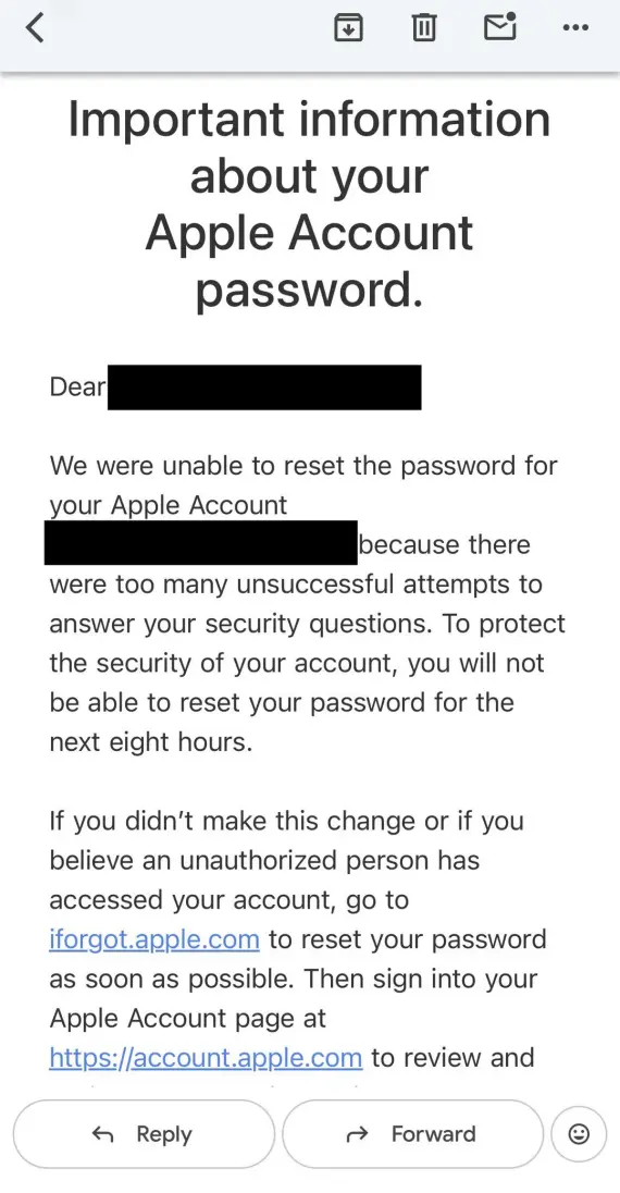 A screenshot of an Apple ID Password reset phishing email.