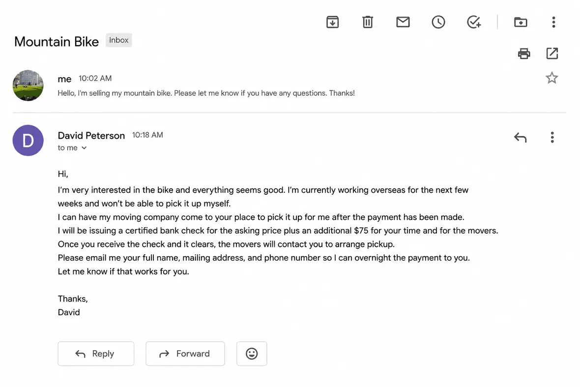 Screenshot of a cashier check scam run through Craigslist.