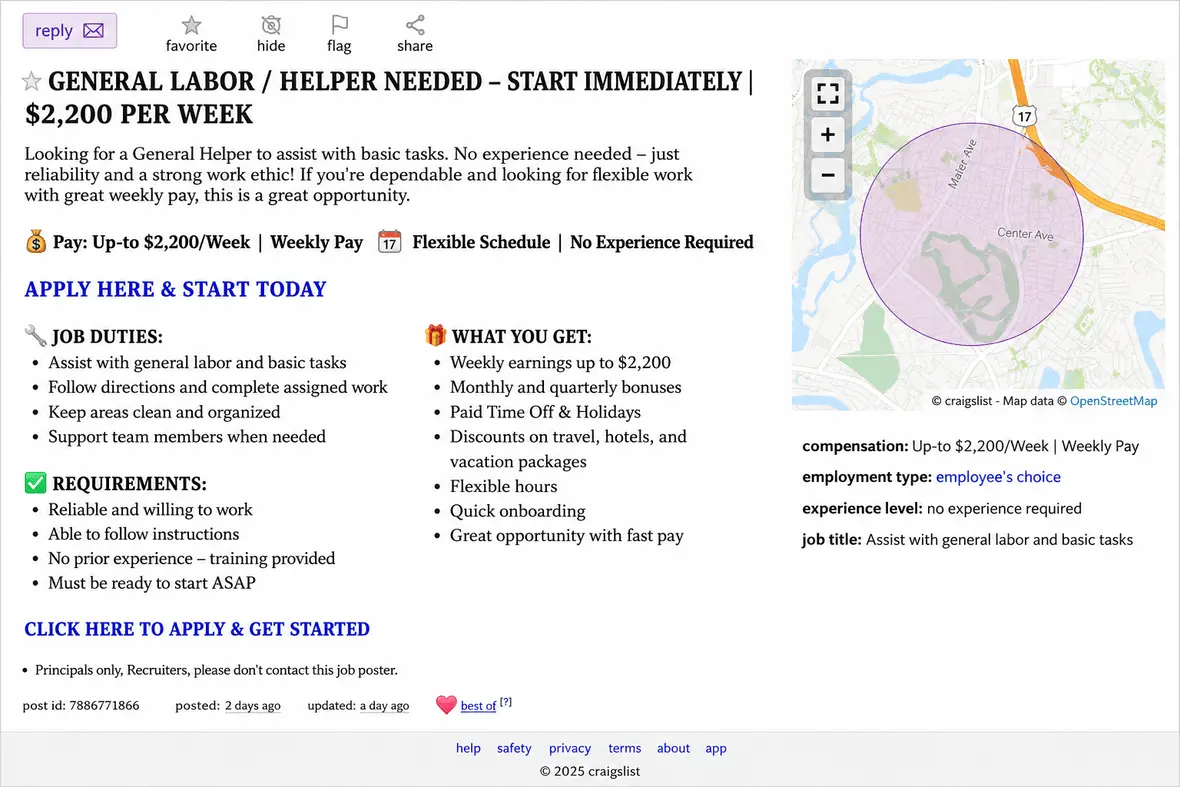 Screenshot of a job scam on Craigslist.