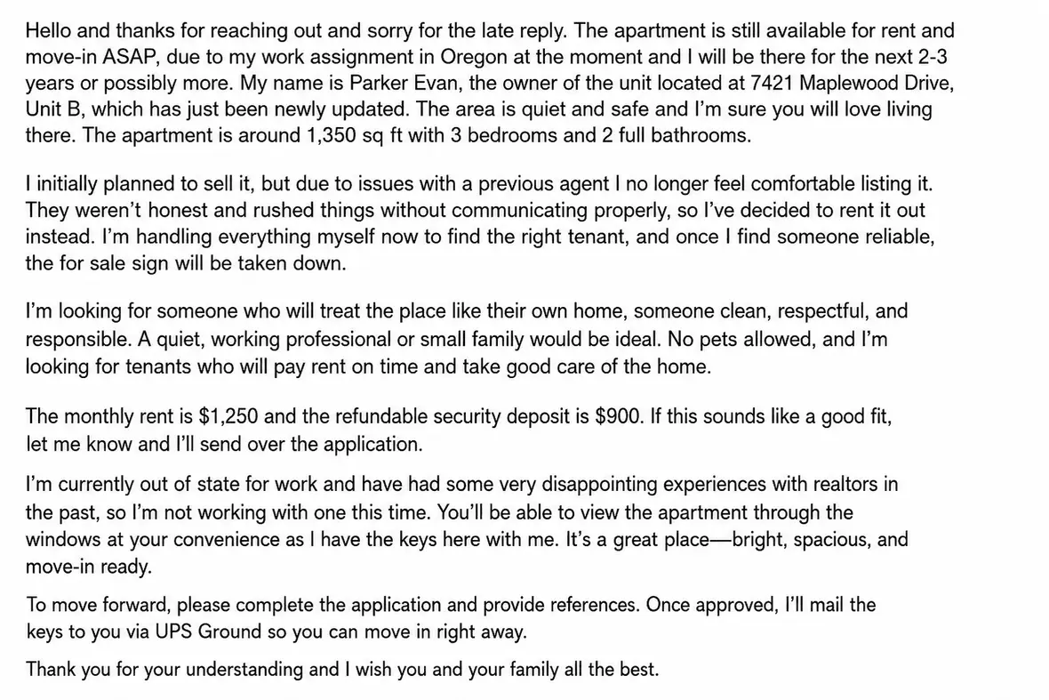 Screenshot of a Craigslist rental scam.