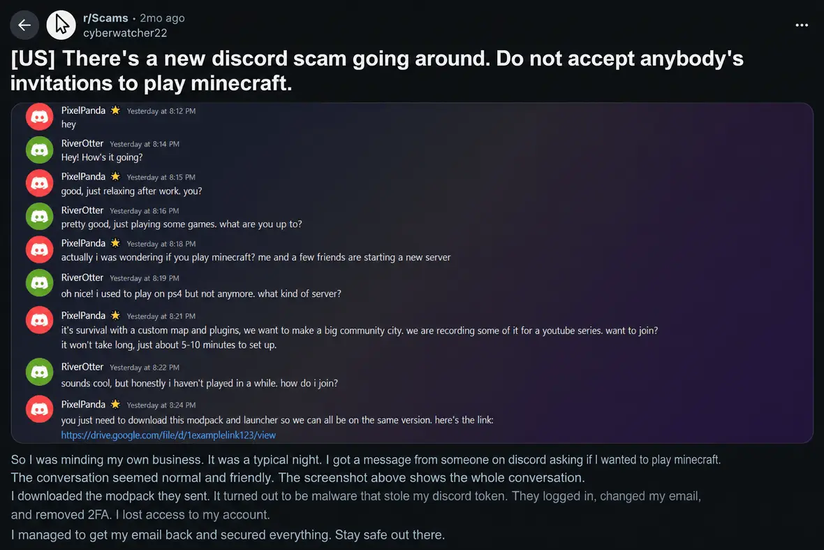 Screenshot of a Discord scam to play Minecraft.