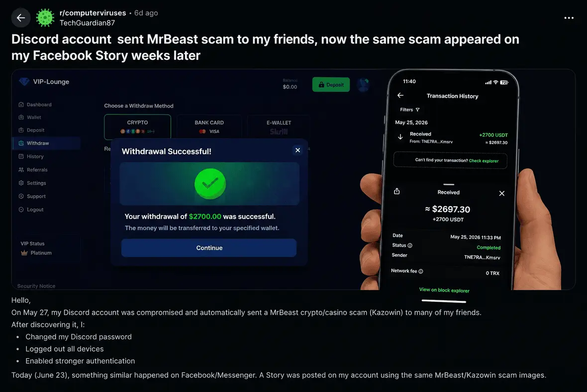 Screenshot of a Discord scam involving MrBeast.